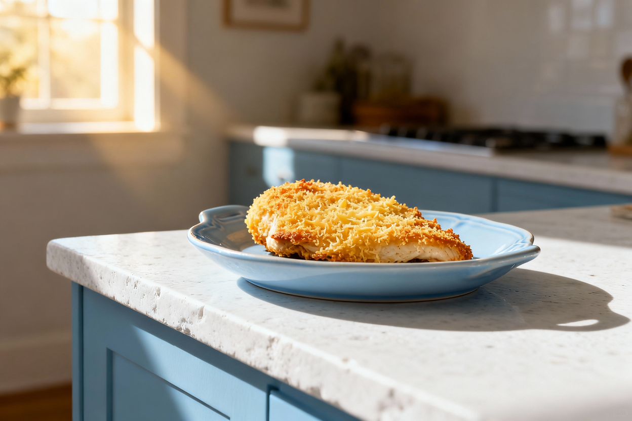 amera perspective at approximately 35 degrees, showcasing the same single serving of crispy Parmesan