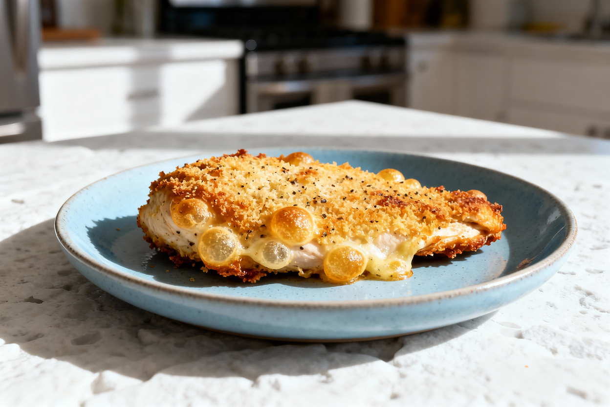 taken at a 40-degree angle, focusing on the texture and crispiness of the same Parmesan crusted chic