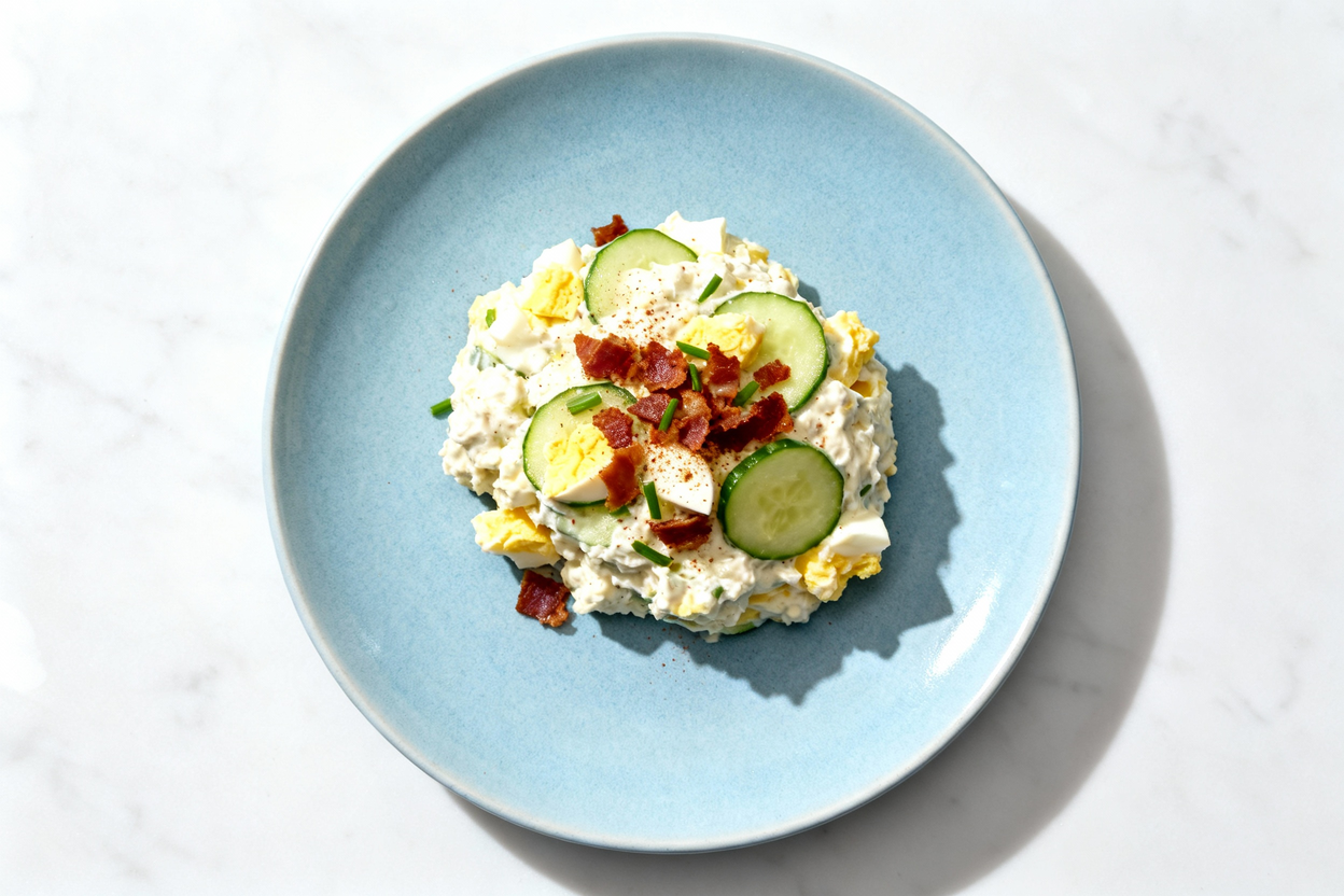 top-down view of a single serving of keto cucumber egg salad with bacon, plated informally on a lig