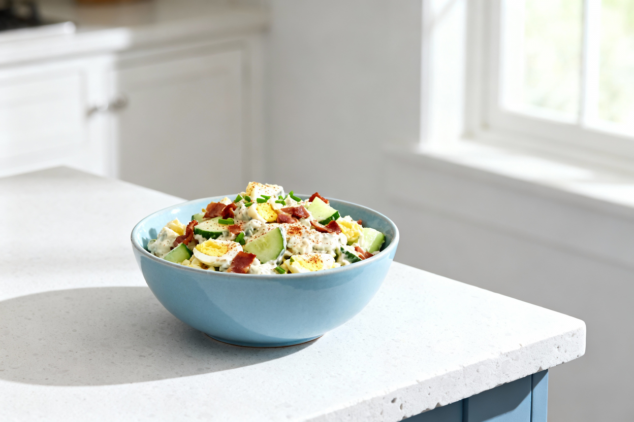approximately 35-degree perspective of the same cucumber egg salad with bacon, served in a light bl