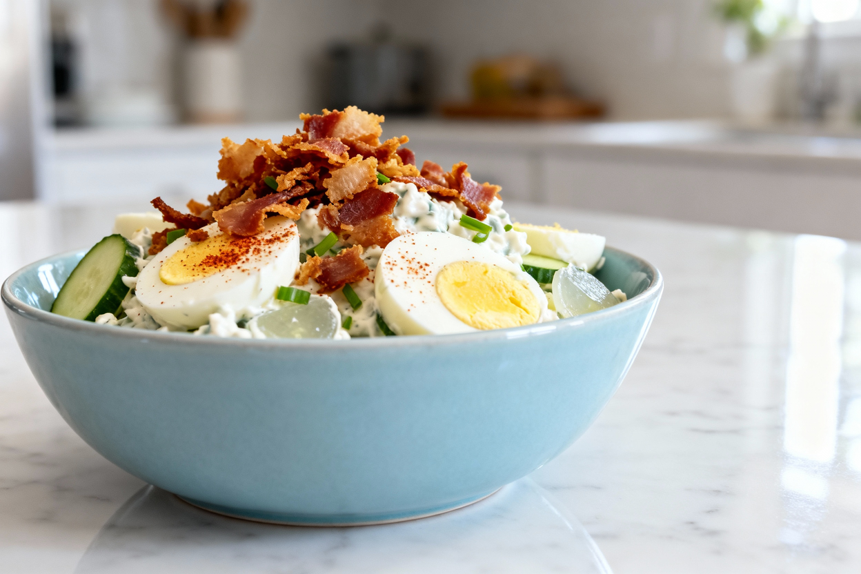 shot from about a 40-degree angle showcasing the texture of the keto cucumber egg salad with bacon,