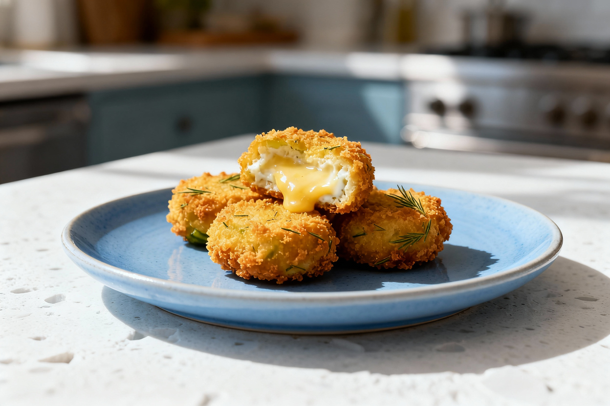 mera view of the same single serving of fried dill pickle ranch cheese bites, plated identically on 