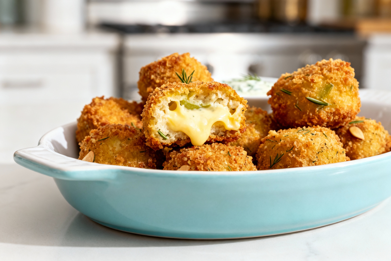 ero shot (approximately 35 degrees) of the same fried dill pickle ranch cheese bites plated on a lig