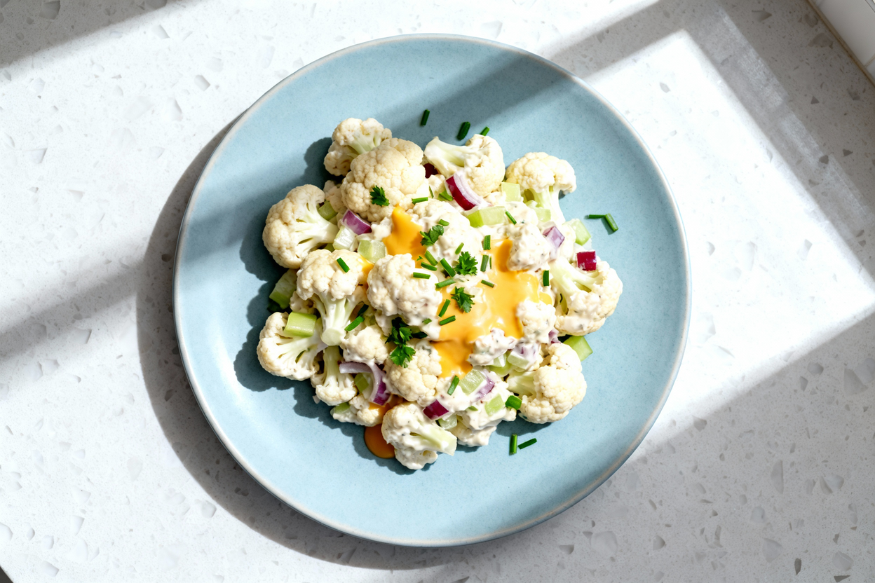 ue overhead shot of a single serving of Light and Creamy Cauliflower Salad, plated informally on a l