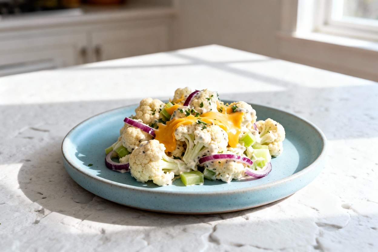  view of the same single serving of Light and Creamy Cauliflower Salad, plated identically on the sa