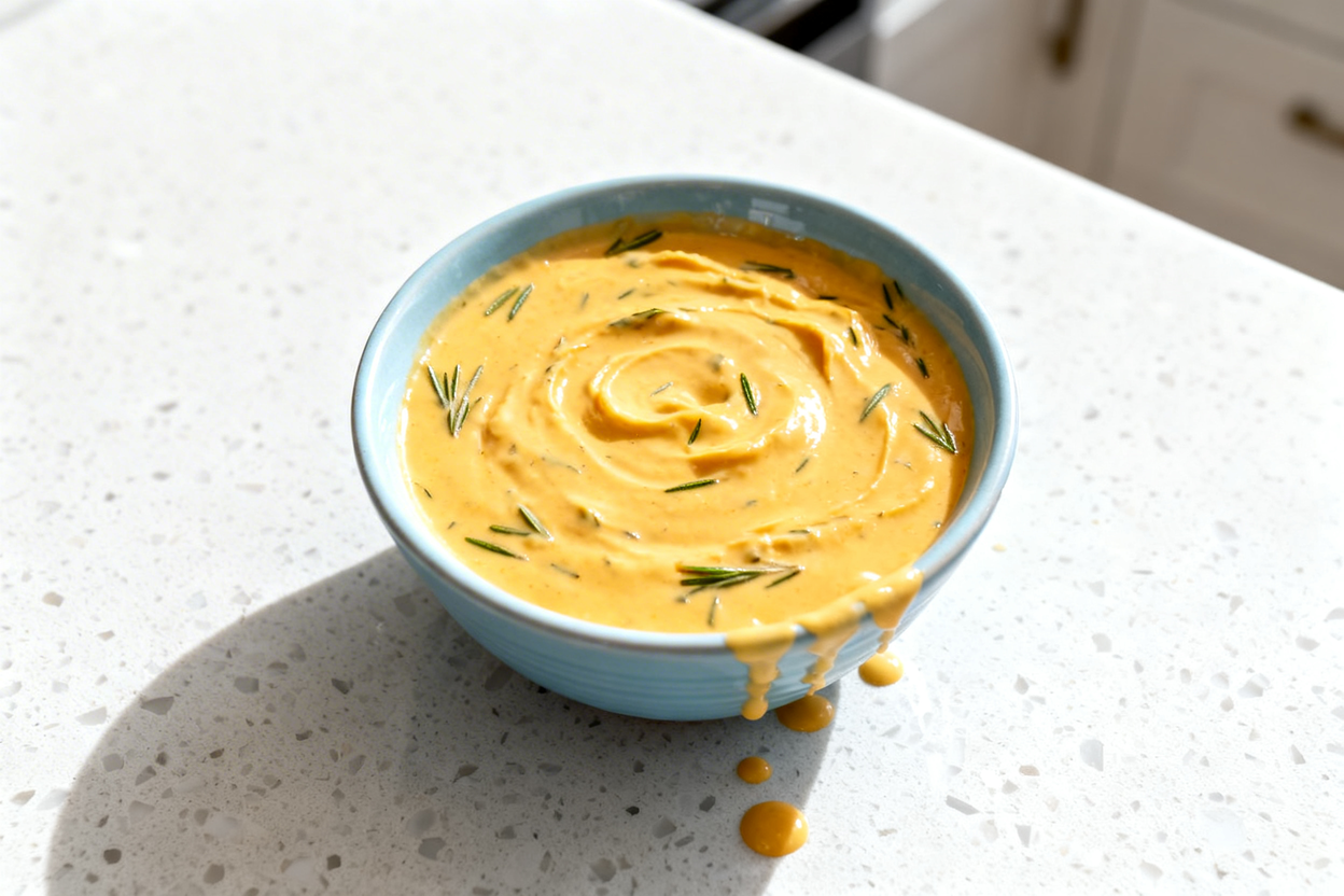 ead, top-down photo of a single serving of creamy garlic herb cheddar fondue, spooned into a small l