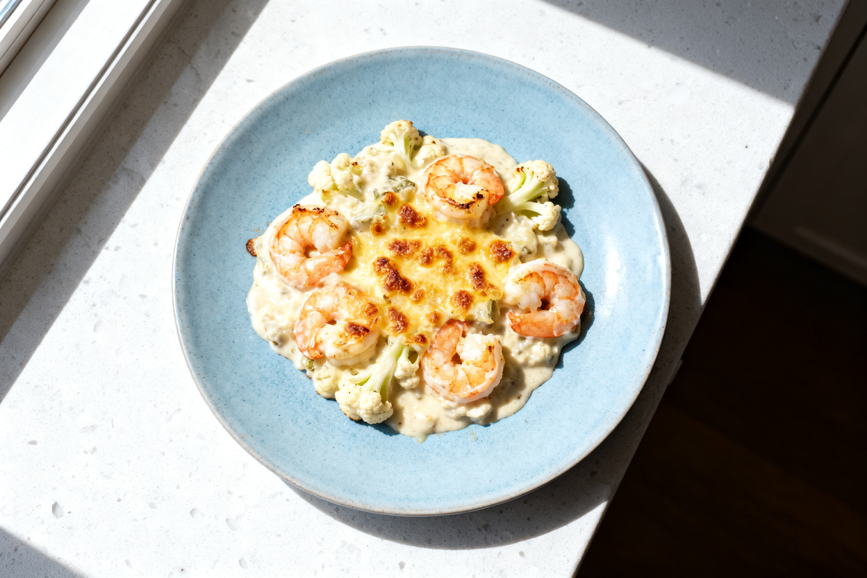 erhead shot of a single serving of Keto Garlic Shrimp Au Gratin plated on a light blue ceramic plate