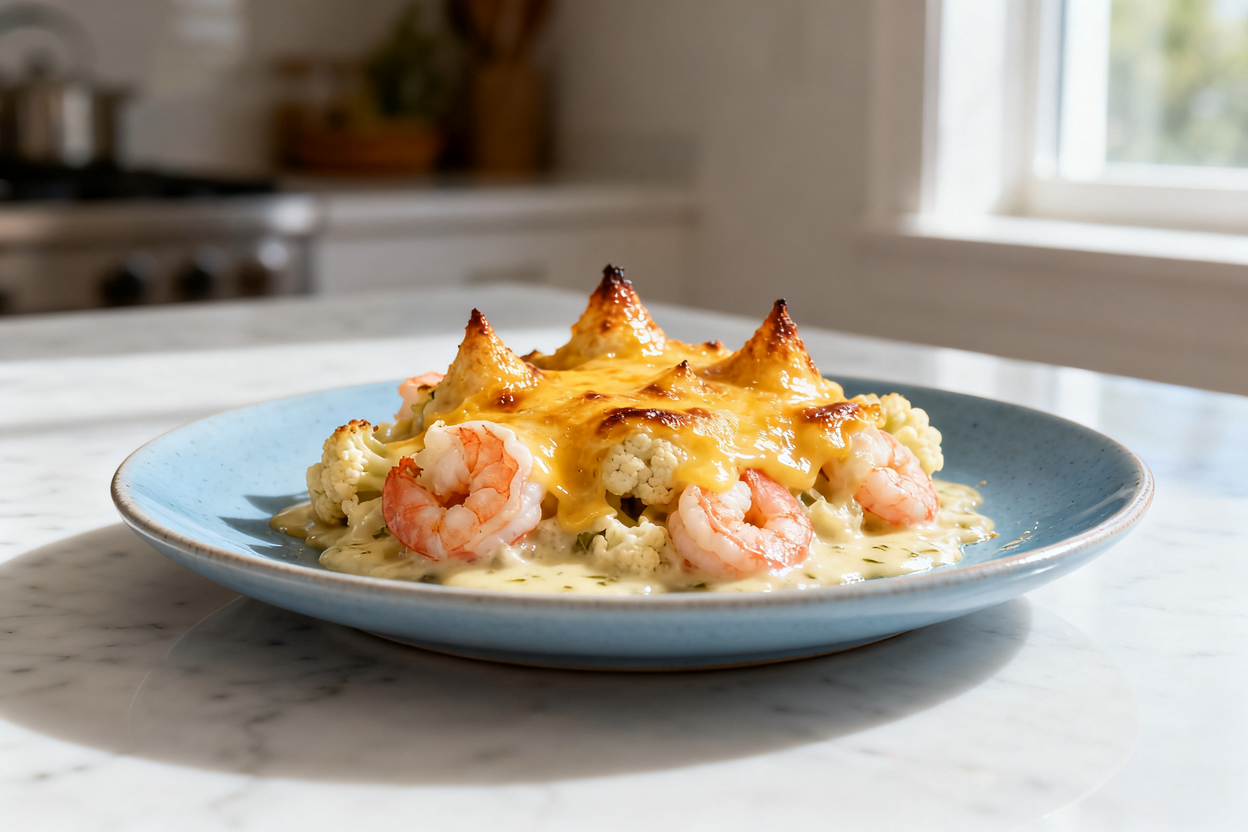  (35 degrees) view of the same serving of Keto Garlic Shrimp Au Gratin plated on a light blue cerami