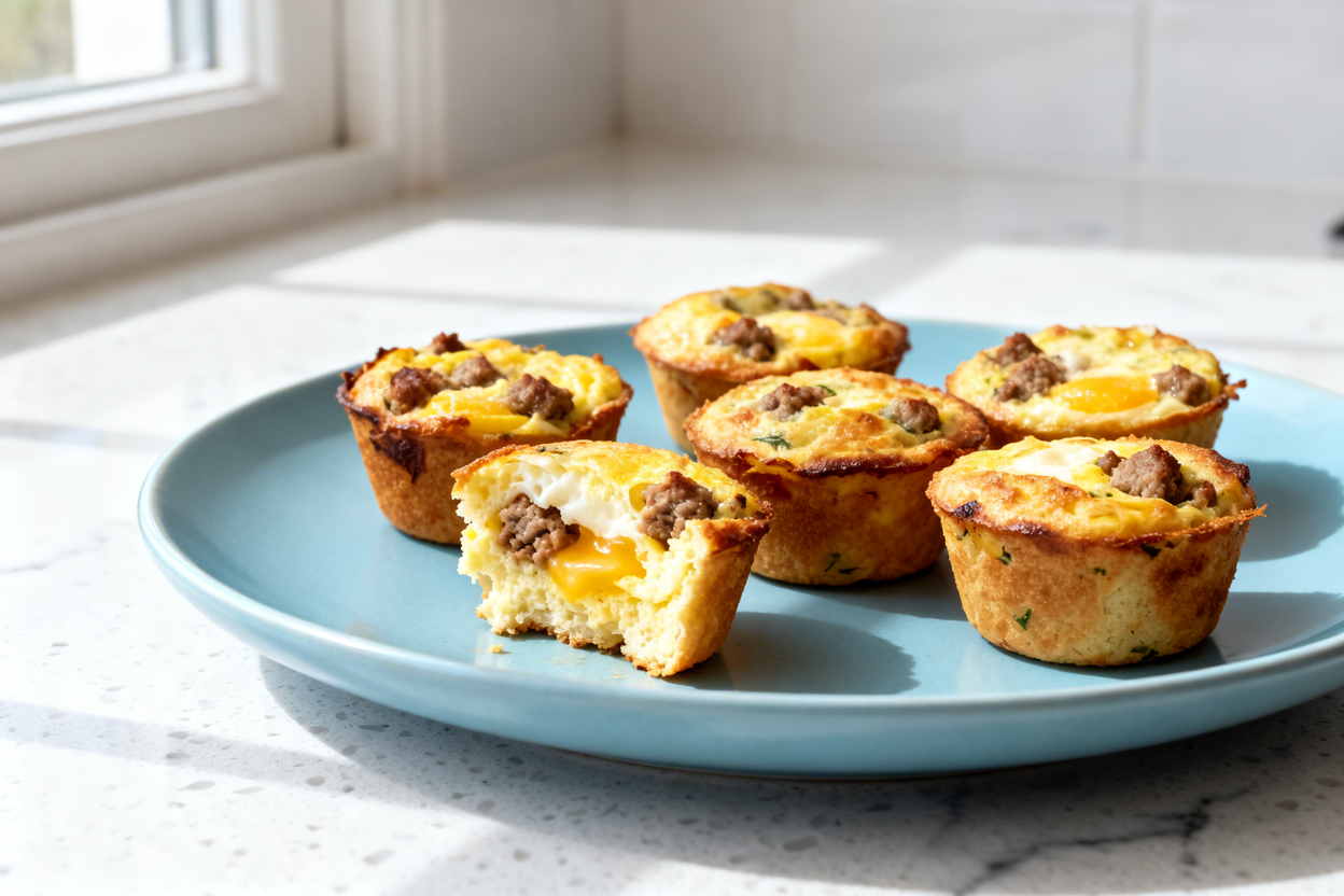 close-up hero shot of the same plated serving of sausage egg muffin bites on the same light blue cer