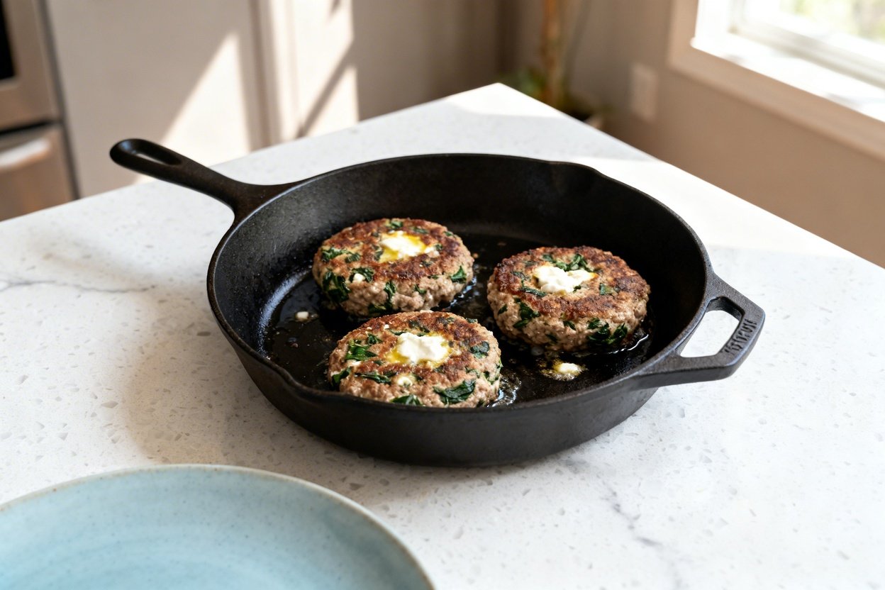 bout 35 degrees) realistic food photograph of the exact same finished Keto Skillet Greek Turkey Patt