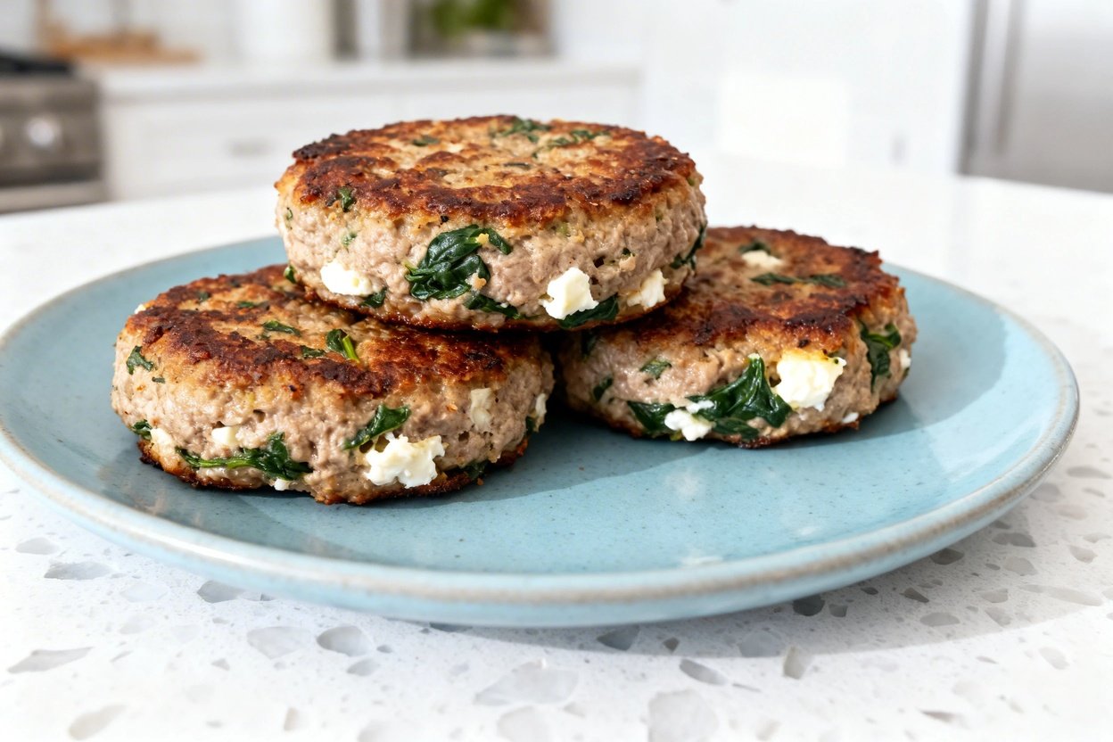shot (about 40–45 degrees) of the same finished Keto Skillet Greek Turkey Patties plated on the sam