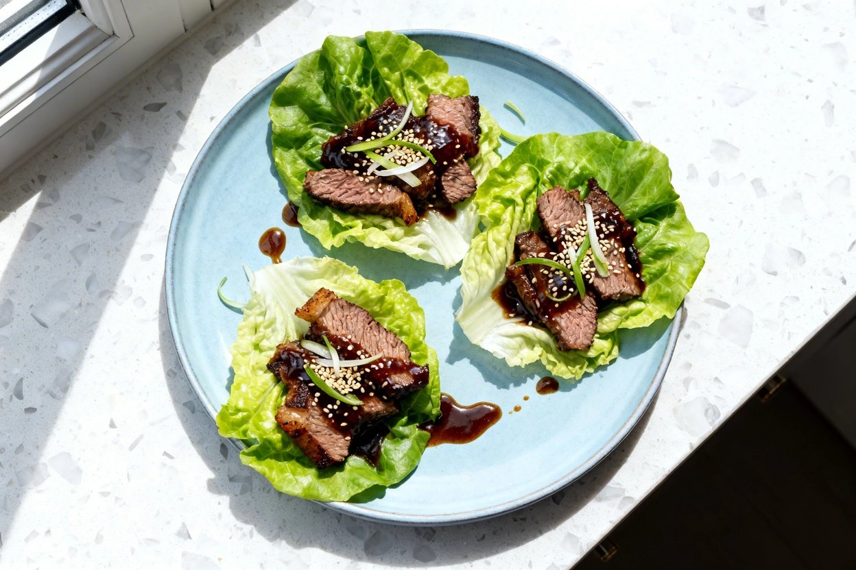 top-down food photo of keto hibachi steak lettuce wraps: a single serving arranged on a light blue c
