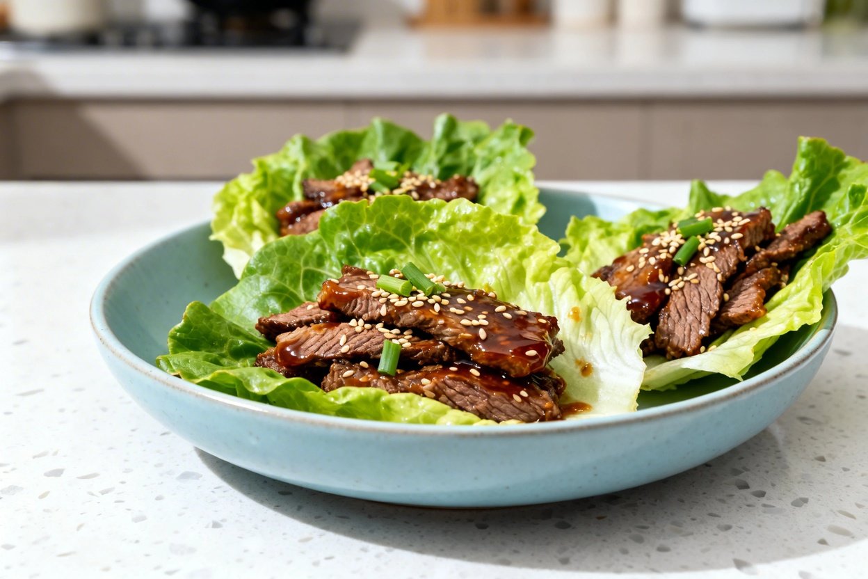 –40 degree camera view of the exact same finished hibachi steak lettuce wraps (same portion size and