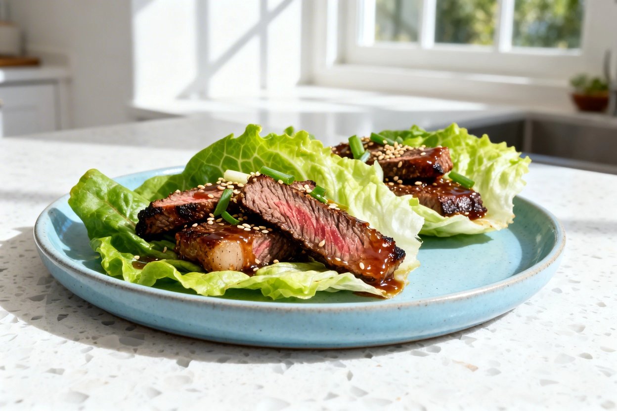  shot at 30–45 degrees of the same plated hibachi steak lettuce wraps on the same style light blue c