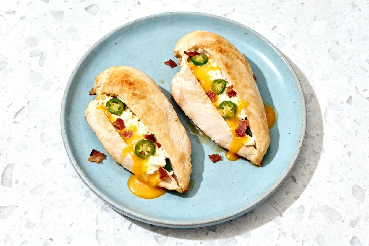 top-down food photo of jalapeño popper stuffed chicken breasts (keto): two baked chicken breasts on 