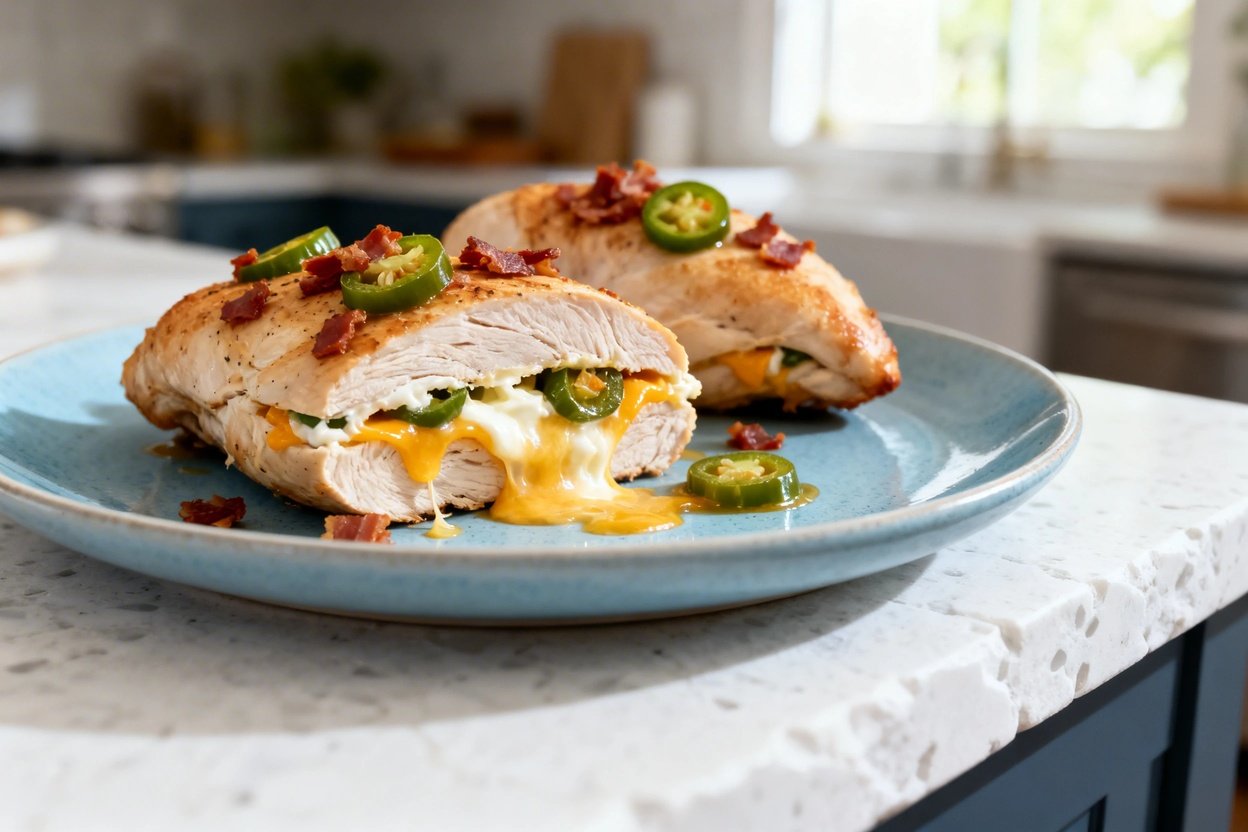  shot at 30–45° of the same jalapeño popper stuffed chicken breasts plated on the same light blue ce