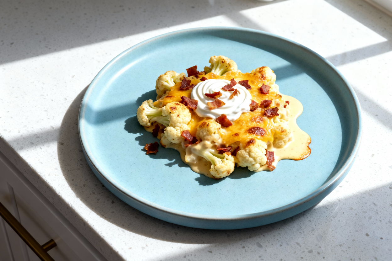 shot of a single serving of keto loaded cauliflower casserole, plated on a light blue ceramic plate