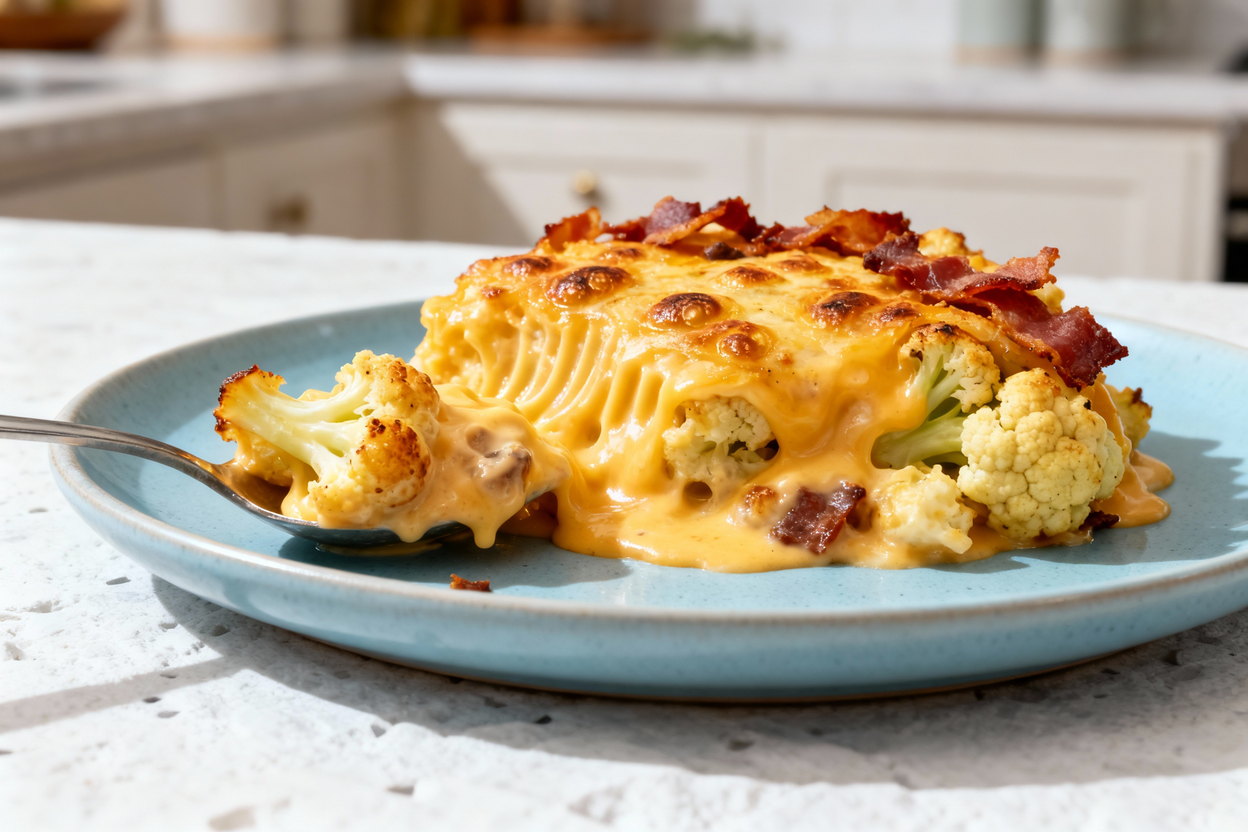45 degrees) hero shot of a single serving of keto loaded cauliflower casserole plated on the same li