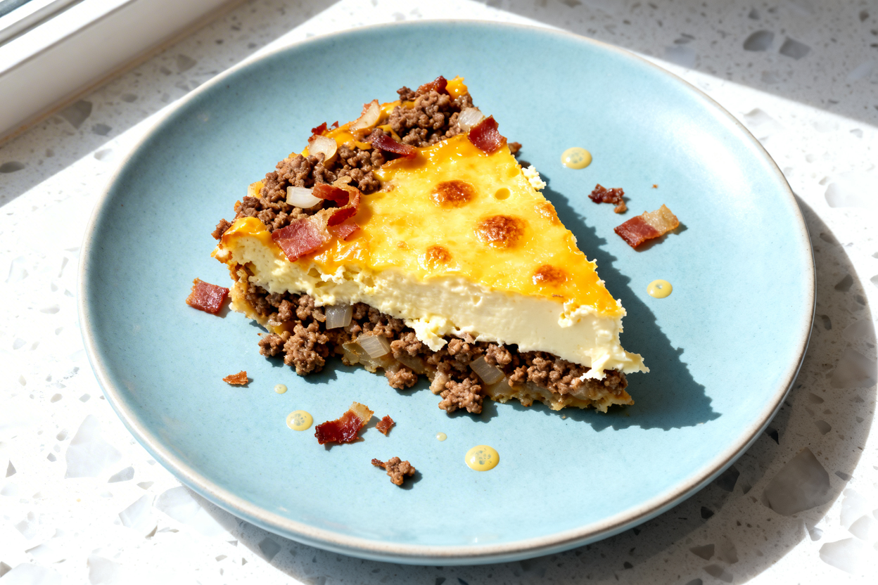top-down food photo of a single serving slice of low carb bacon cheeseburger casserole centered on a