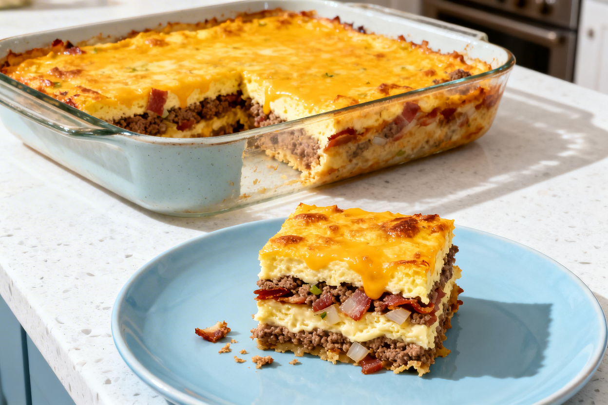 –40 degree perspective of the same low carb bacon cheeseburger casserole in a simple baking dish (gl