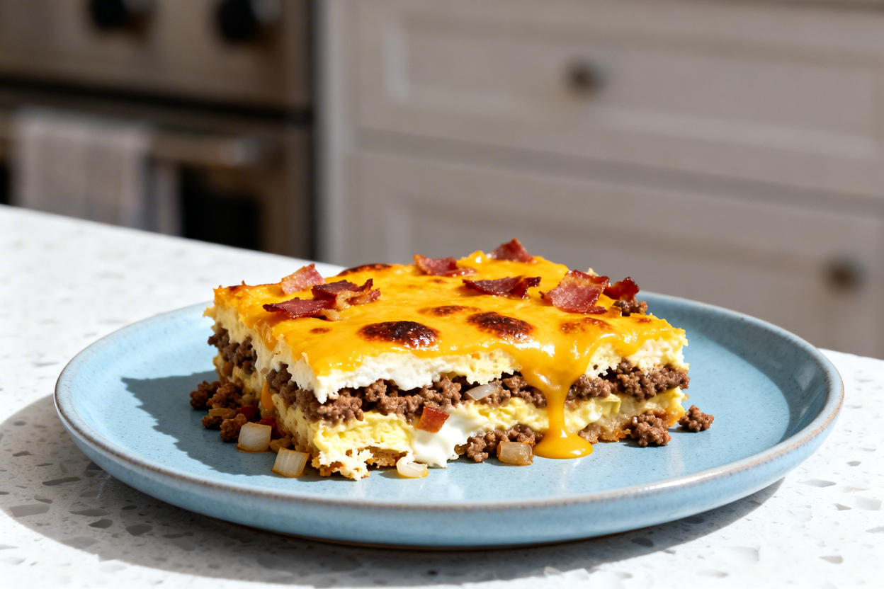  shot at about 30–45 degrees of the same single serving slice of low carb bacon cheeseburger cassero
