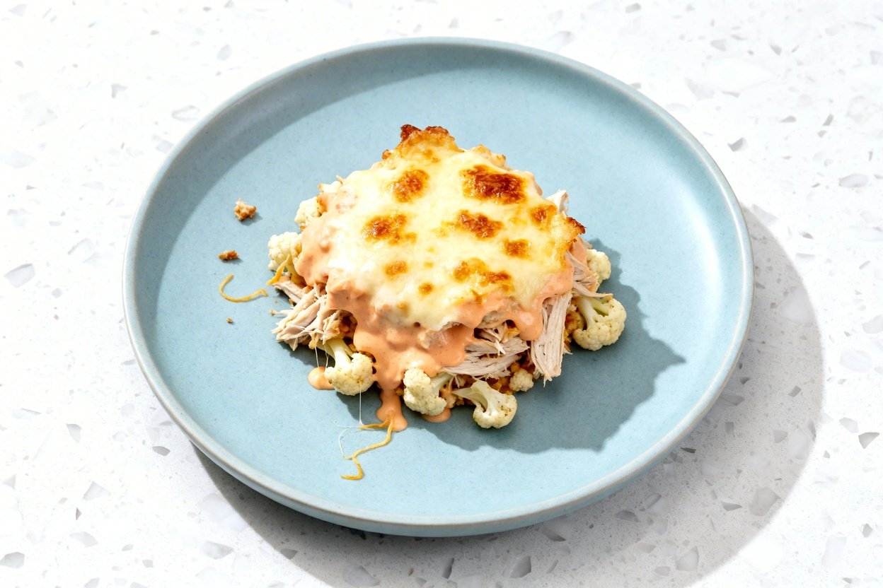 top-down food photo of a single serving of low carb Bang Bang chicken casserole on a light blue cera