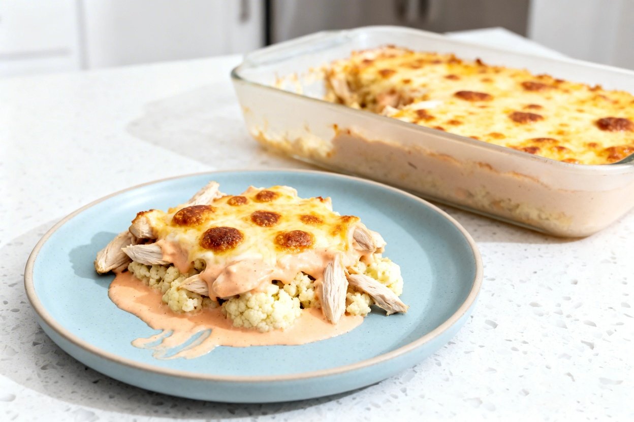 –40 degree perspective photograph of the same low carb Bang Bang chicken casserole, same serving siz