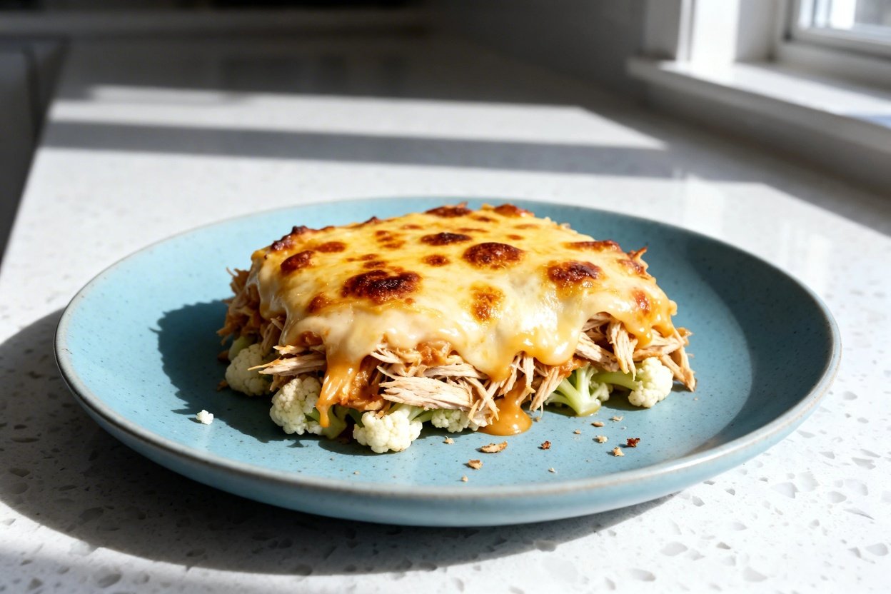  shot at approximately 30–45 degrees of the same finished low carb Bang Bang chicken casserole plate