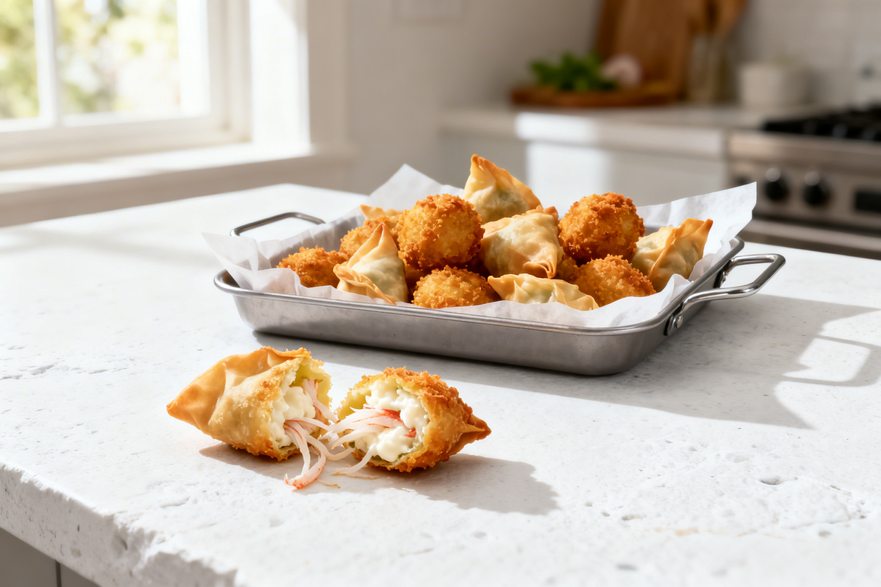 bout 35 degrees) realistic home-kitchen photograph of the exact same low carb crab rangoon poppers f