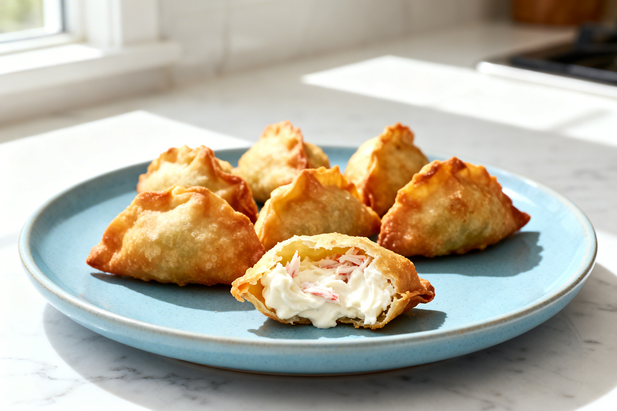  shot (about 40–45 degrees) of the same finished low carb crab rangoon poppers plated on the identic