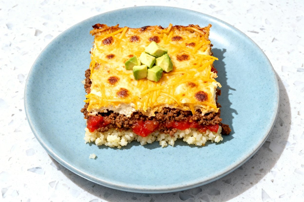 top-down food photo of a single serving of keto taco casserole centered on a light blue ceramic pla