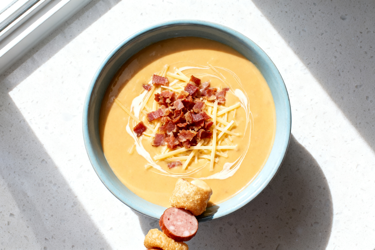 d, top-down view of a light blue ceramic bowl filled with creamy melted Swiss and bacon fondue, cent