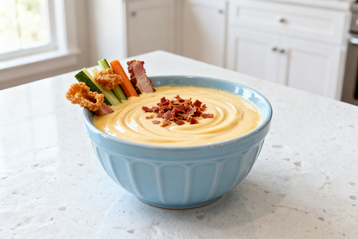 (around 35 degrees) perspective of the creamy Swiss and bacon fondue showcased in the same light blu