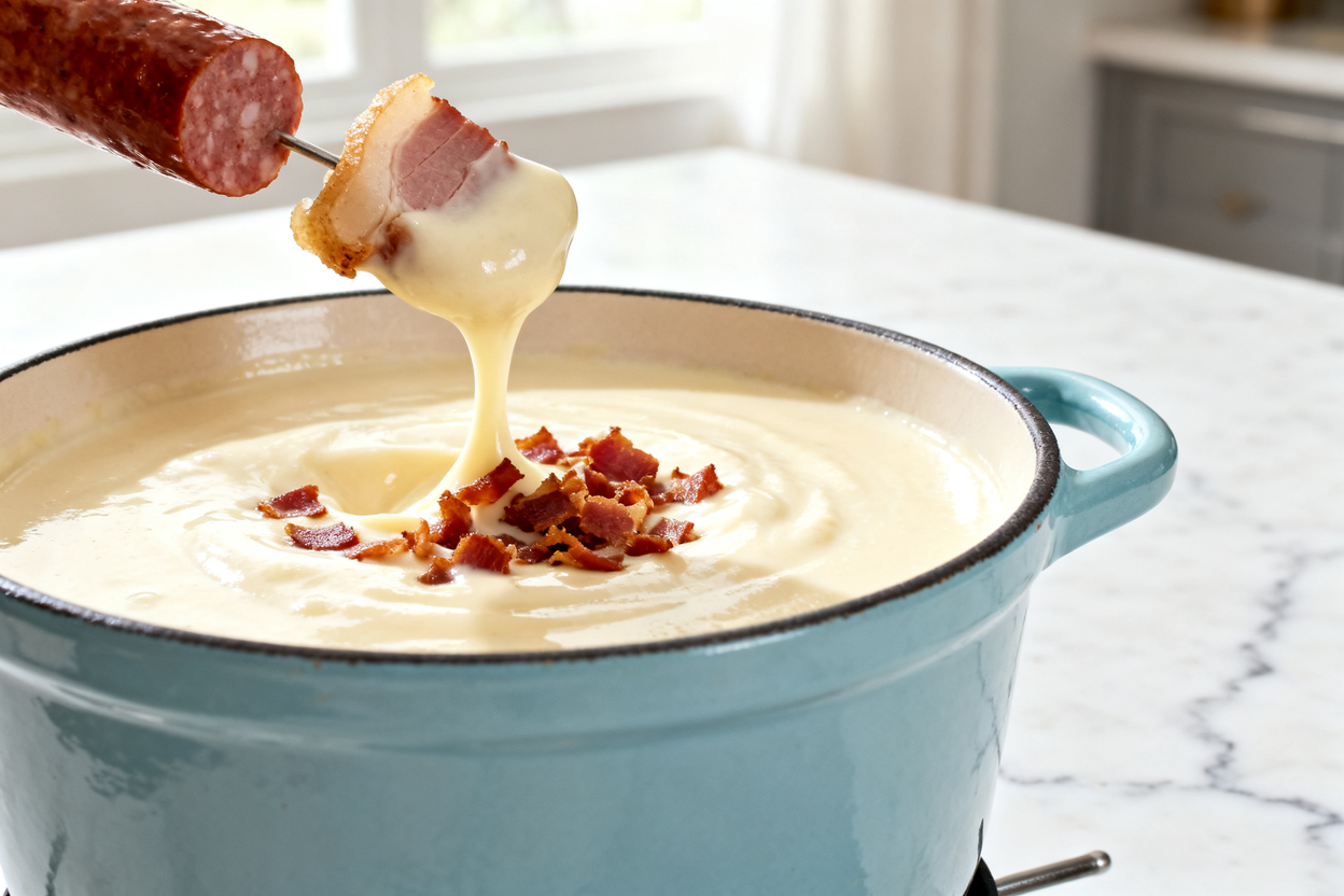 t approximately 40 degrees, focusing tightly on the creamy Swiss and bacon fondue served in the same