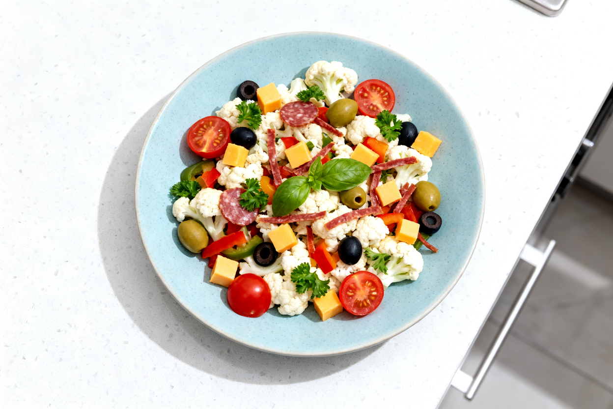 d, top-down view of a single serving of the Keto 'No Pasta' Salad, centered on a light blue ceramic