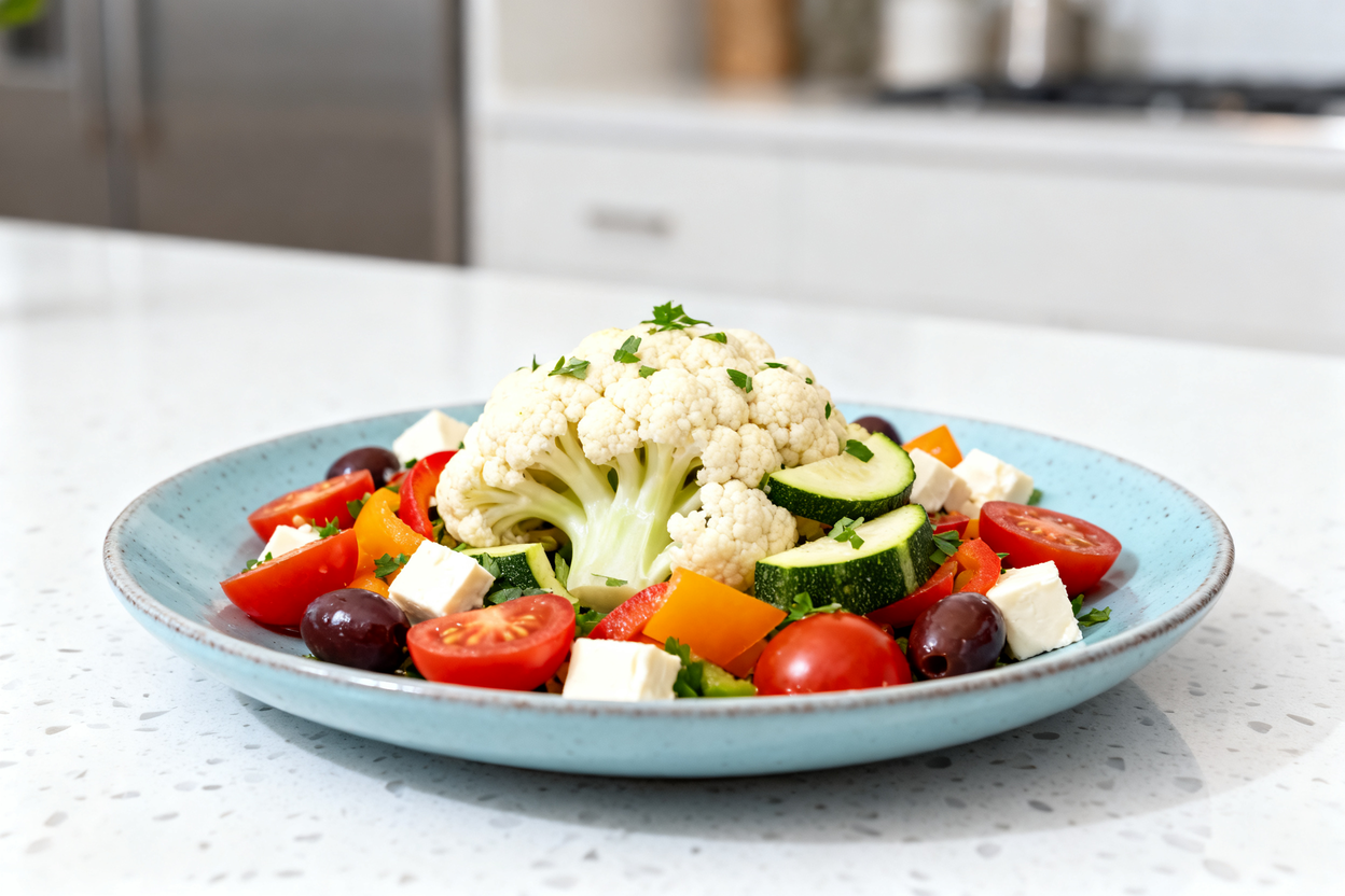 ot (around 40 degrees) of the same Keto 'No Pasta' Salad served on the light blue ceramic plate, emp