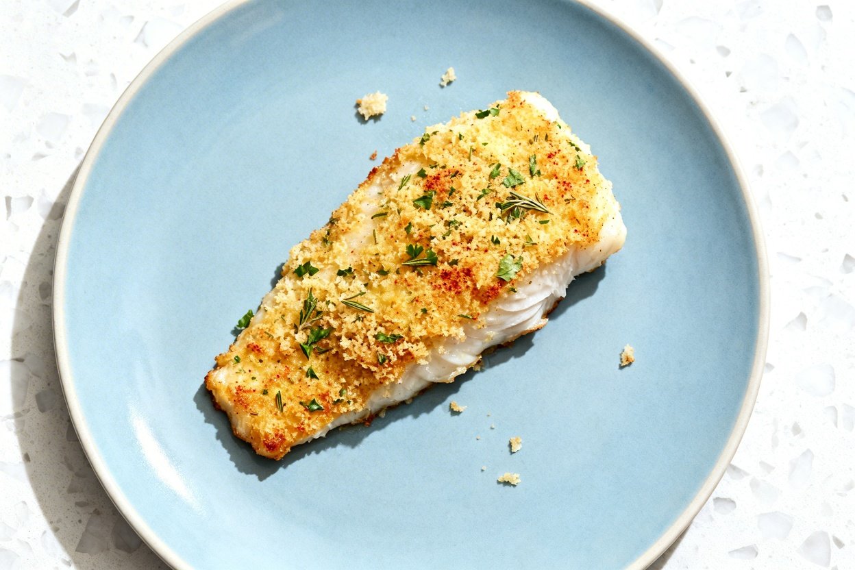 top-down food photo of a single serving of keto Parmesan and herb crusted cod: one baked cod fillet
