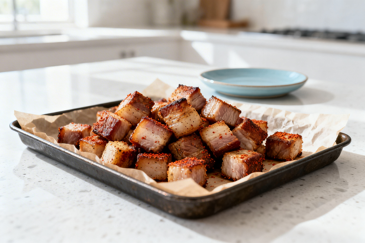 bout 35 degrees) photo of the same finished keto pork belly bites: same size pork belly cubes, same 