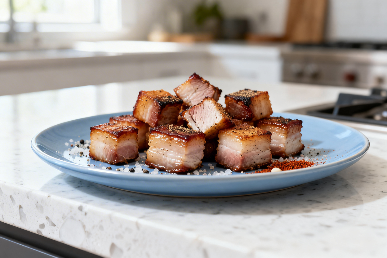  shot (about 40–45 degrees) of the same plated keto pork belly bites on the identical light blue cer