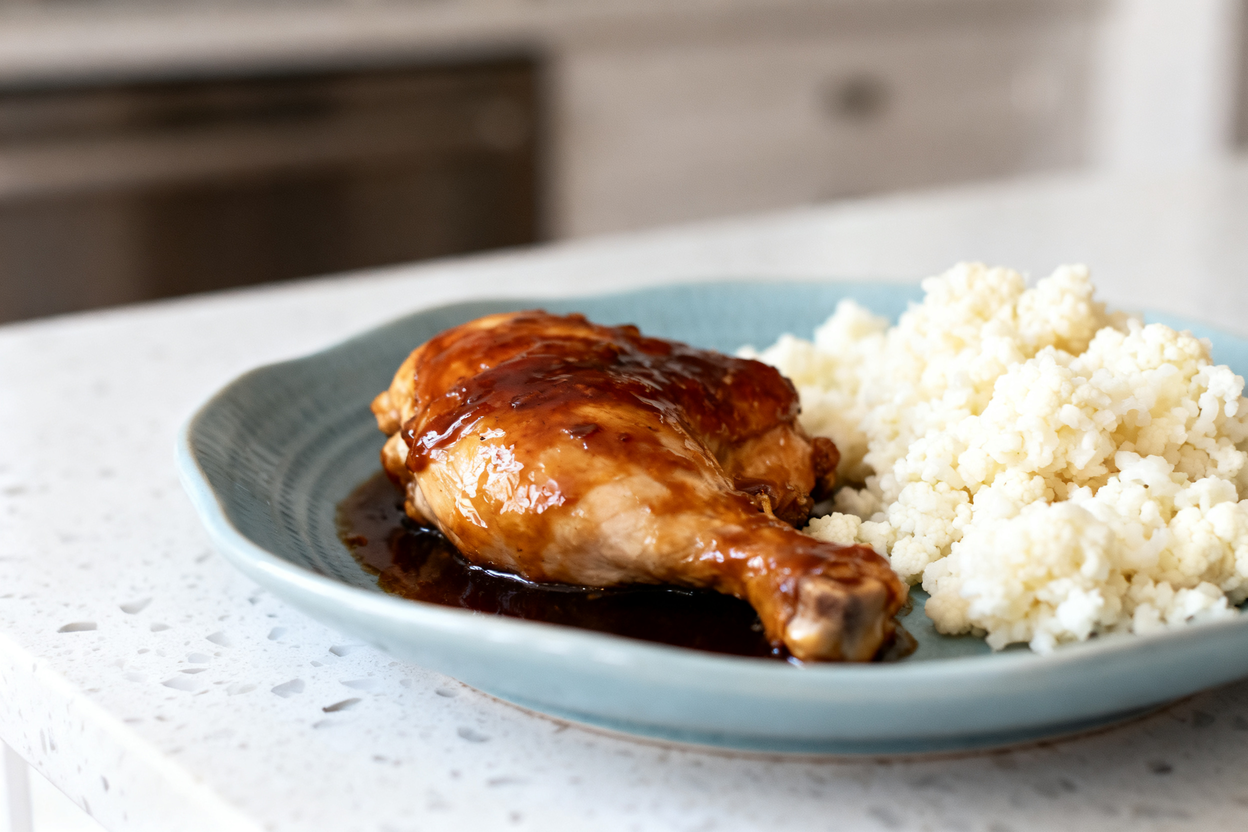 shot (approximately 35 degrees) of the same Keto Soy Sauce Chicken portion from Image 1, still plate
