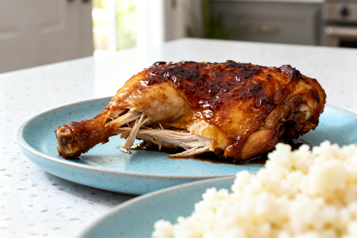 ero shot (around 40 degrees) of the same Keto Soy Sauce Chicken serving from the previous two images