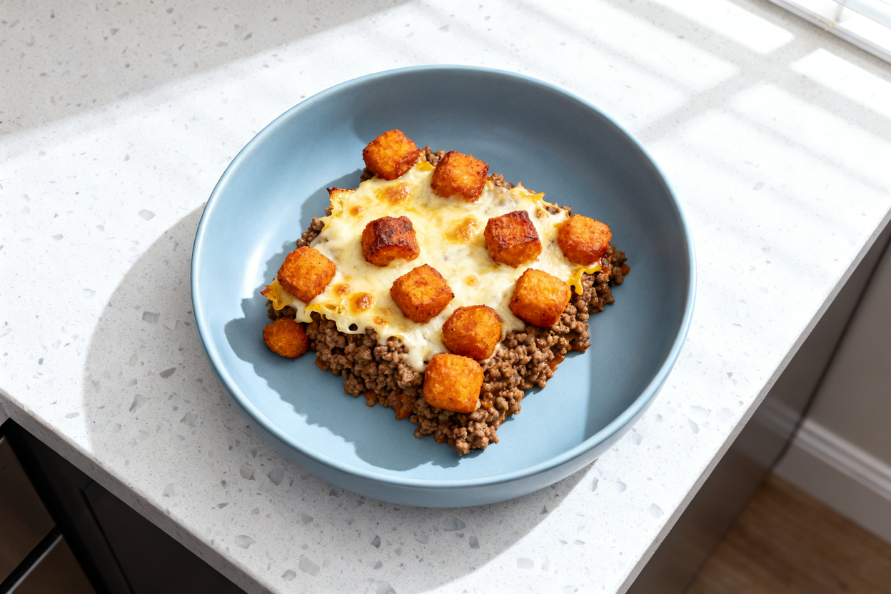 top-down view of a single serving of keto Sweet Potato-Tot Casserole plated on a light blue ceramic
