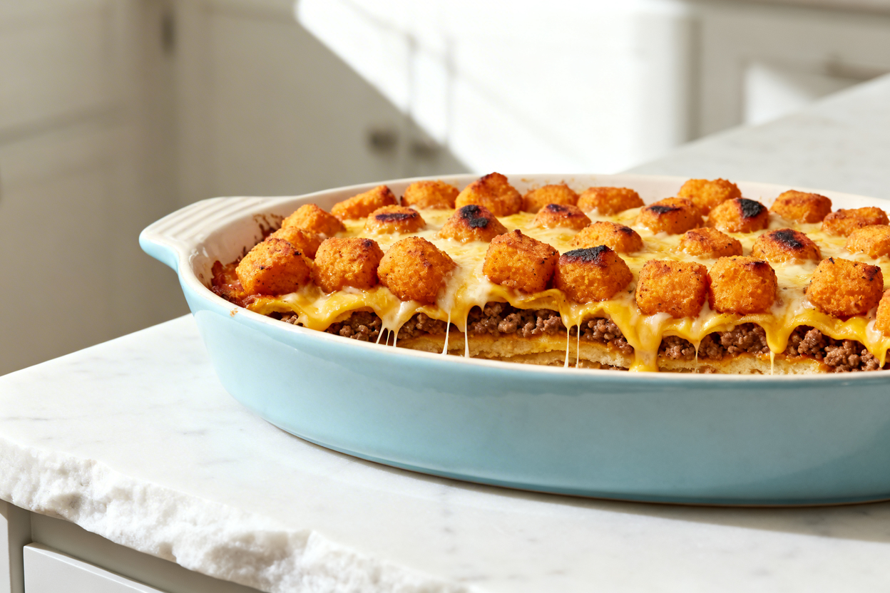 ed close-up of the plated keto Sweet Potato-Tot Casserole on the same light blue ceramic dish, filli