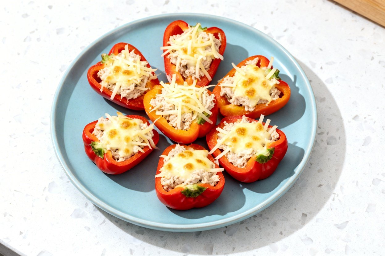top-down food photo of keto tuna melt stuffed mini sweet peppers: a single serving of several halved