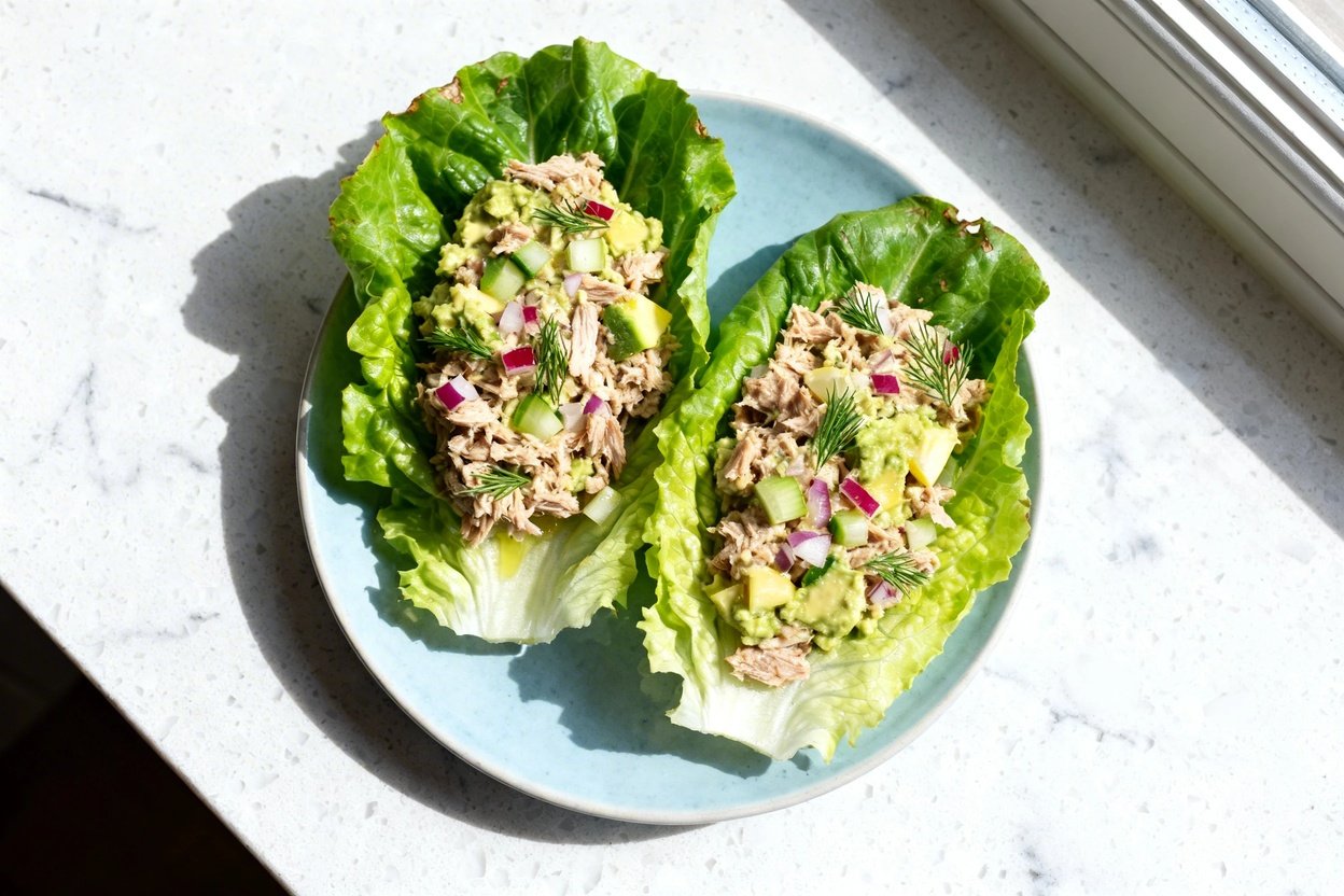 top-down food photo of keto tuna salad lettuce wraps: two sturdy romaine lettuce leaves filled with
