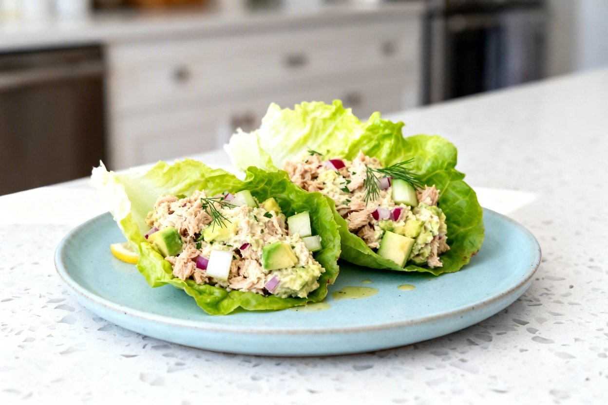 –40 degree perspective of the exact same finished keto tuna salad lettuce wraps (same two romaine le