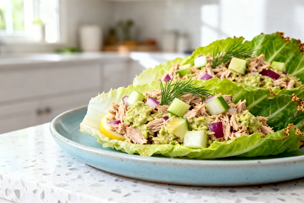  shot at 30–45 degrees focusing on texture of the same keto tuna salad lettuce wraps on the same lig