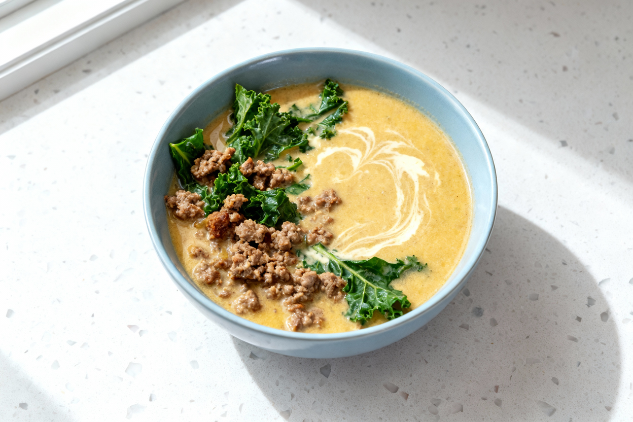 ng of Keto Tuscan Sausage Soup, plated in a round light blue ceramic bowl, centered on a clean white