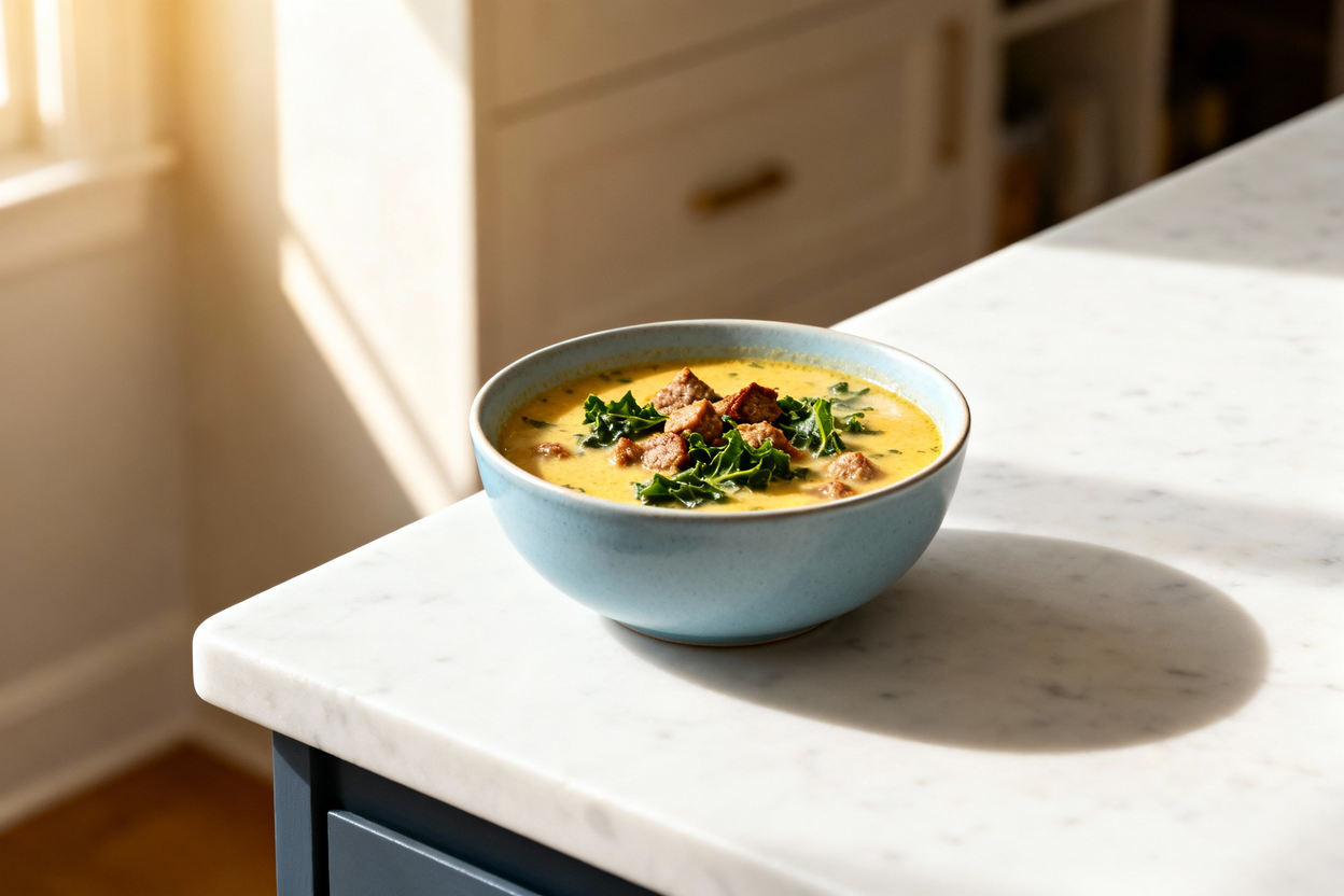 rving of Keto Tuscan Sausage Soup, shown at a 35-degree angle in a light blue ceramic bowl. The bowl