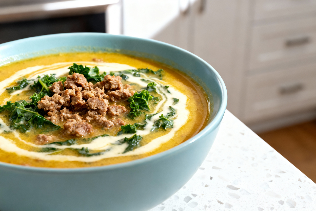  of the Keto Tuscan Sausage Soup, plated in the same light blue ceramic bowl, viewed at a 40-degree 